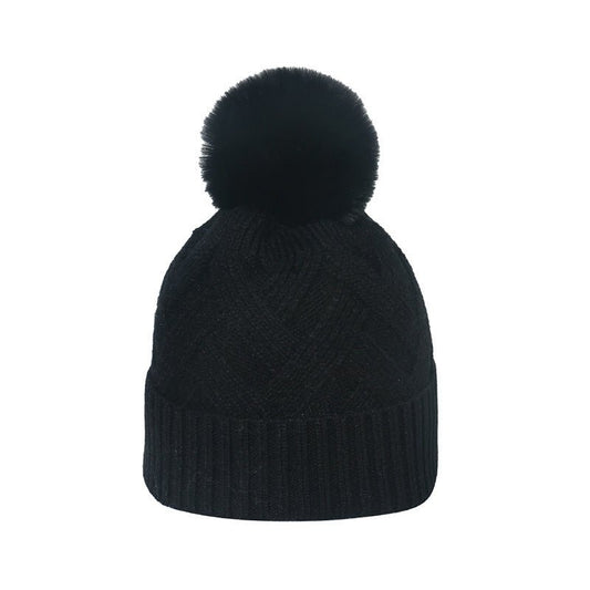 Plaid Knit Beanie with Pom Pom – Braided Winter Wool Hat with Fur Ball Detail - Urban Caps