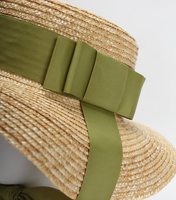 Flat Top Green Bow Tie Straw Hat - Urban Caps