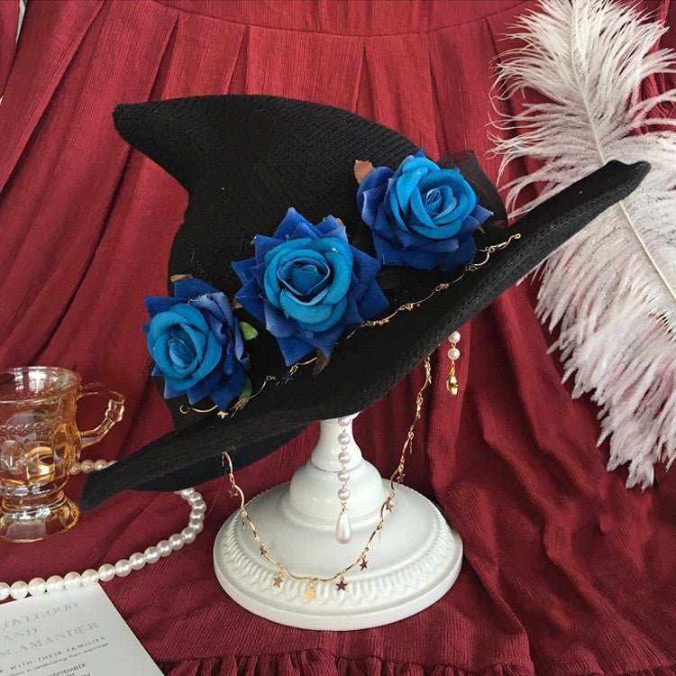 Lolita Velvet Witch Hat Halloween Wide Brim Rose Witch Hat - Urban Caps