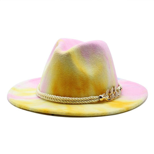 Tie-Dye Pink Woolen Cloth Gift Fashion Flat Brim Jazz Hat Felt Hat Fedoras Hat - Urban Caps