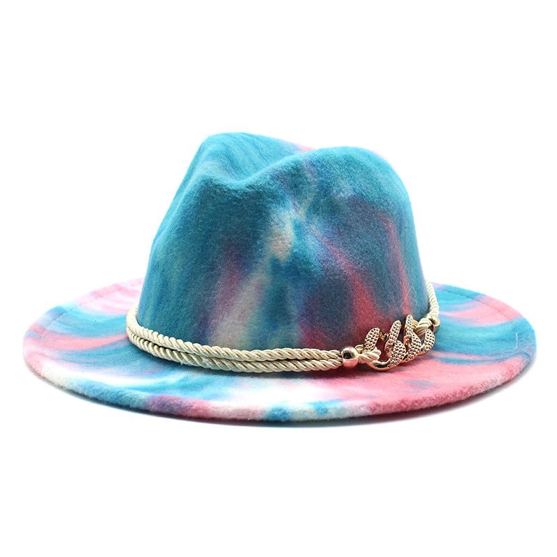Tie-Dye Pink Woolen Cloth Gift Fashion Flat Brim Jazz Hat Felt Hat Fedoras Hat - Urban Caps