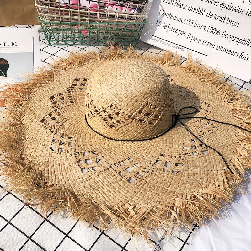Women Summer Natural Raffia Straw Hat Girl Fashion Ribbon Floppy Travel Hat - Urban Caps