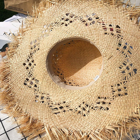 Women Summer Natural Raffia Straw Hat Girl Fashion Ribbon Floppy Travel Hat - Urban Caps