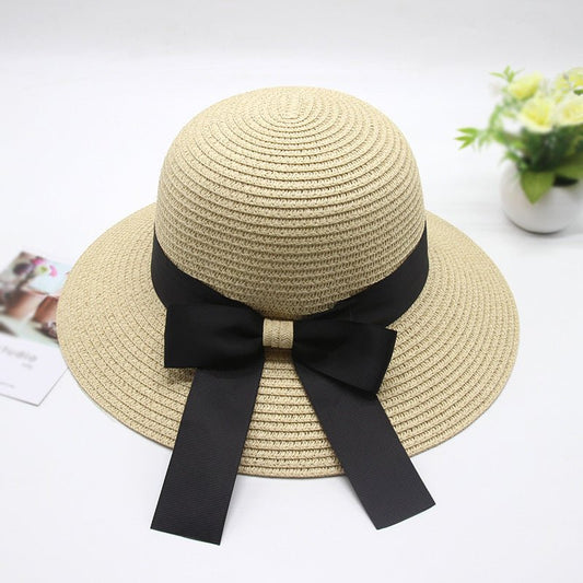 Women Summer Travel Beach UV Protection Bowknot Wide Brim Straw Hat Travel Hat - Urban Caps