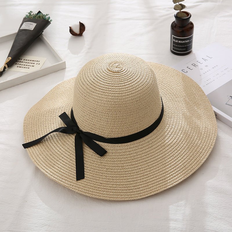 Women Summer Travel Beach UV Protection Bowknot Wide Brim Straw Hat Travel Hat - Urban Caps