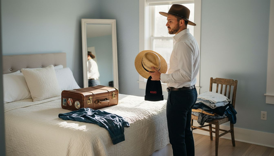 Man choosing premium hat by wardrobe