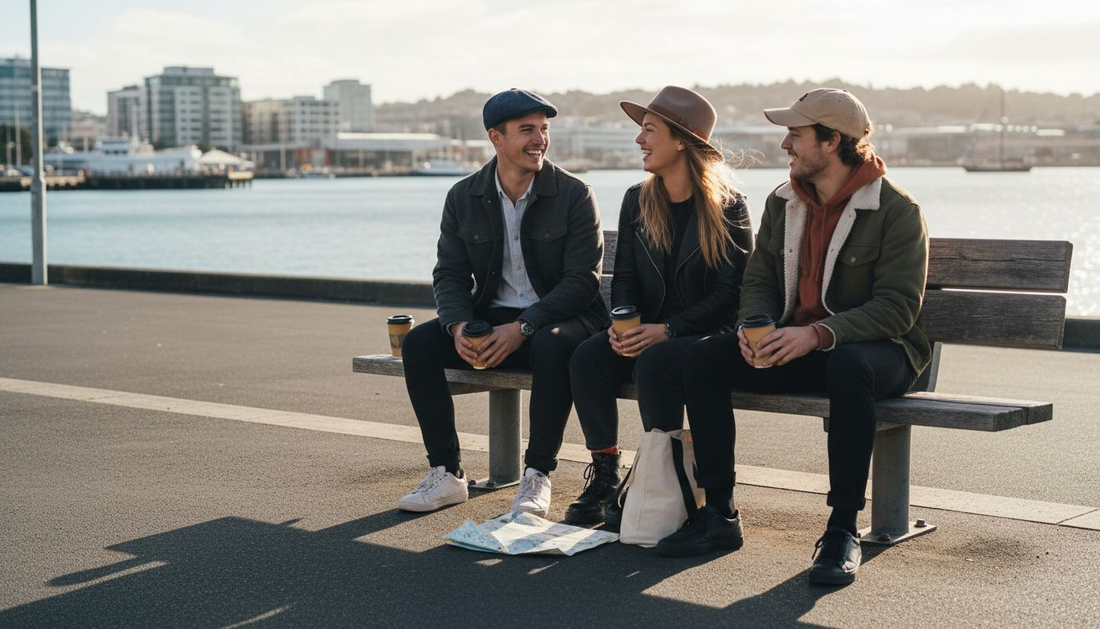 Young Kiwis wearing stylish hats on Wellington waterfront