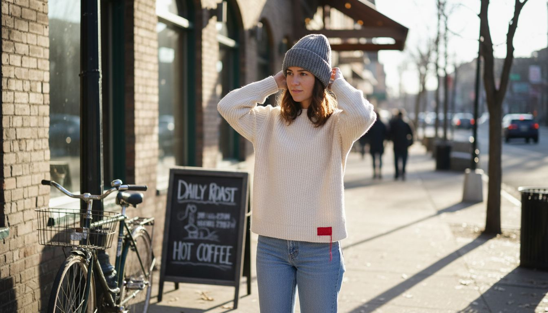 Woman adjusting beanie outside city café