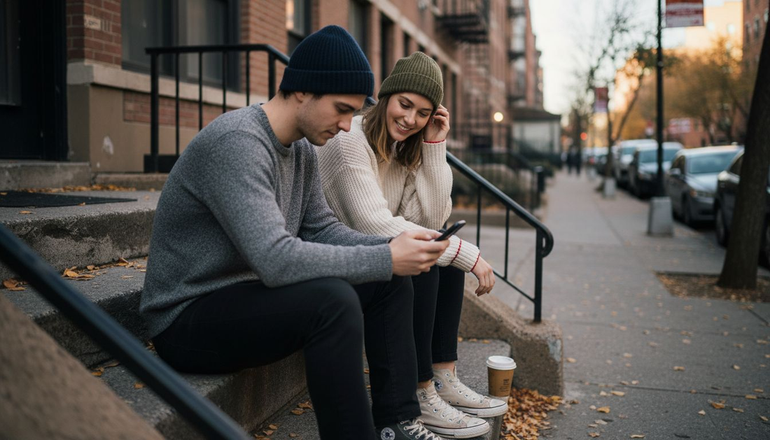 Man and woman in beanies on city steps