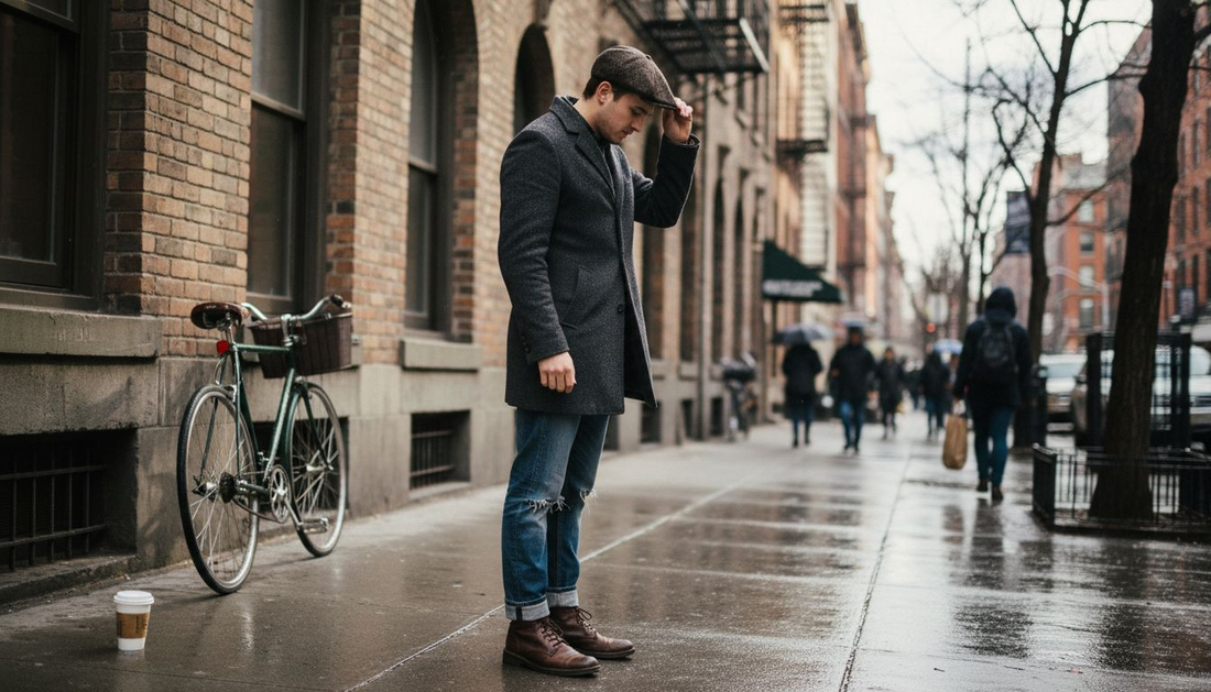 Man adjusting flat cap on city sidewalk