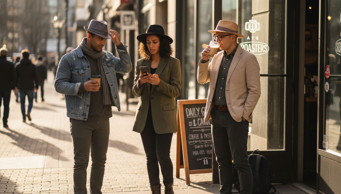 Group wearing hats outside city coffee shop