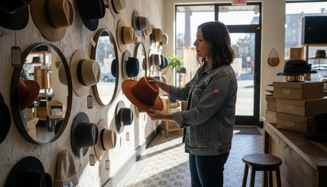 Woman choosing between hats in boutique shop