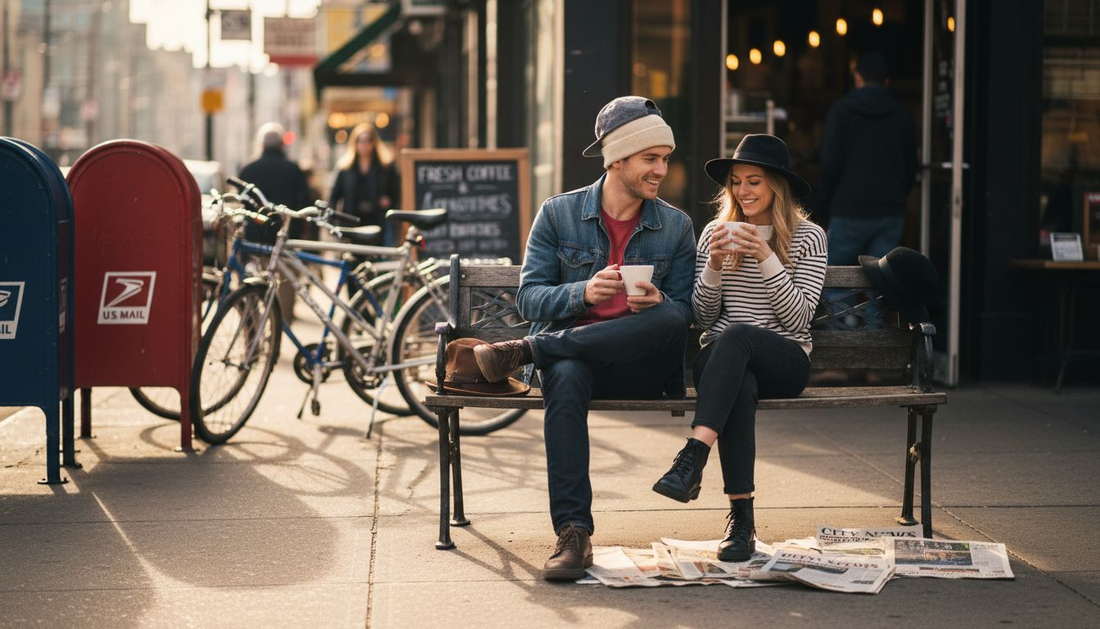 People wearing seven types of headwear outside café