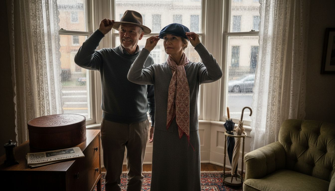 Man and woman in classic hats by window