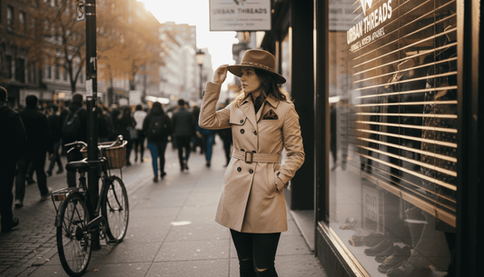 Woman in vintage fedora on city street