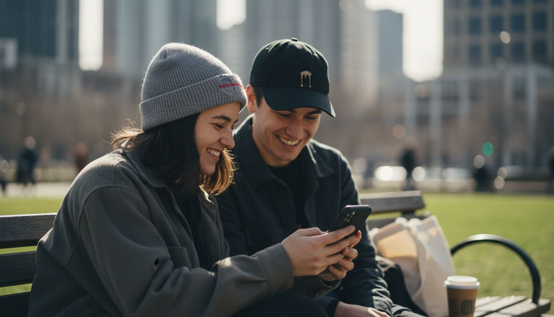 Two friends comparing beanie and cap outdoors
