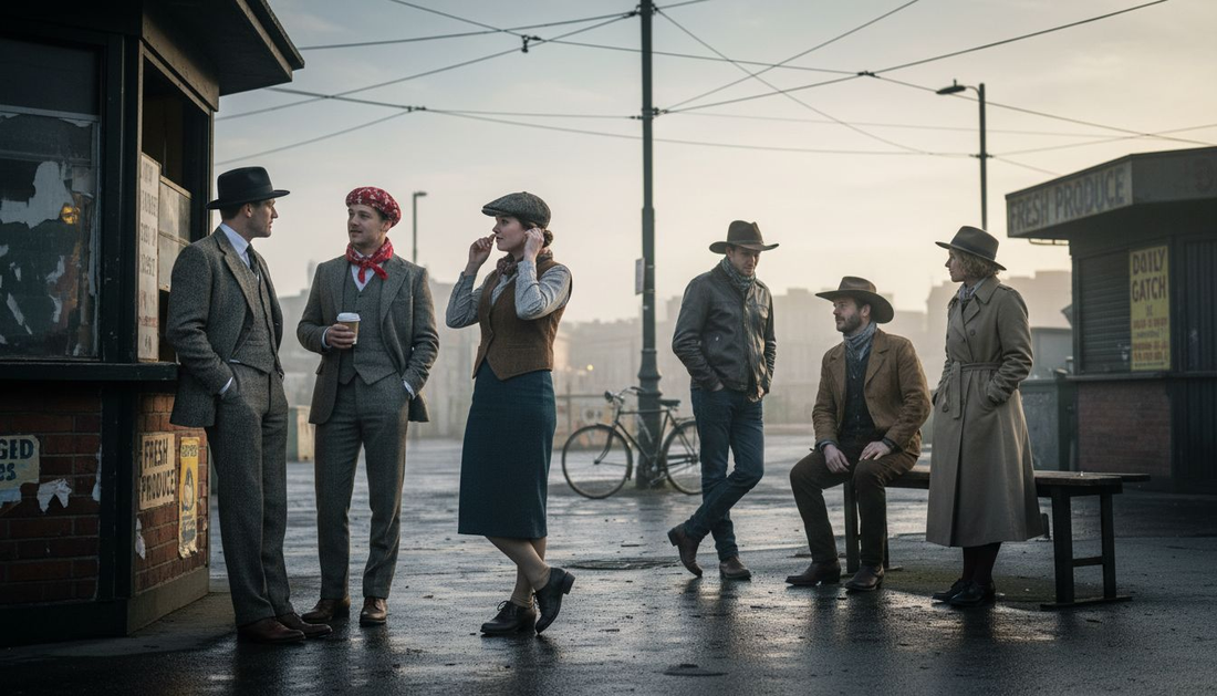 People modeling six timeless hat styles in city market