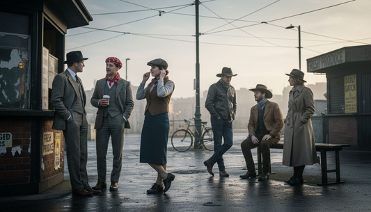 People modeling six timeless hat styles in city market