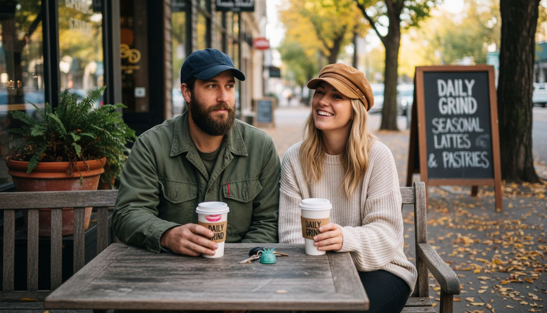 Young couple outdoors wearing stylish premium caps