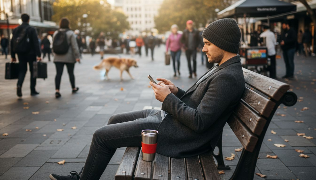 Urban man wearing quality beanie in city park
