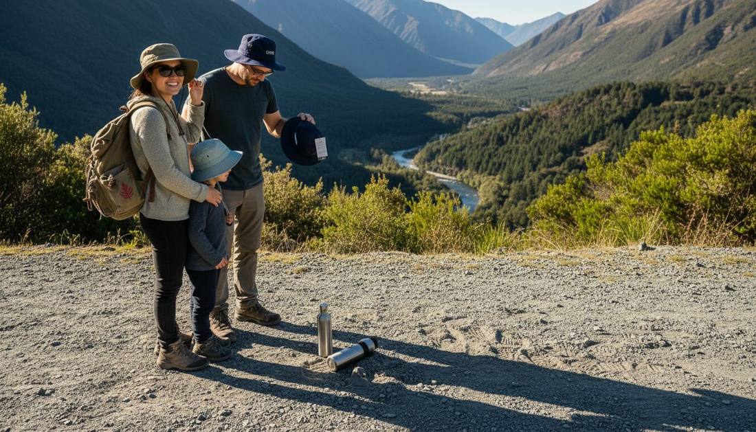 Family wearing sun hats in New Zealand nature