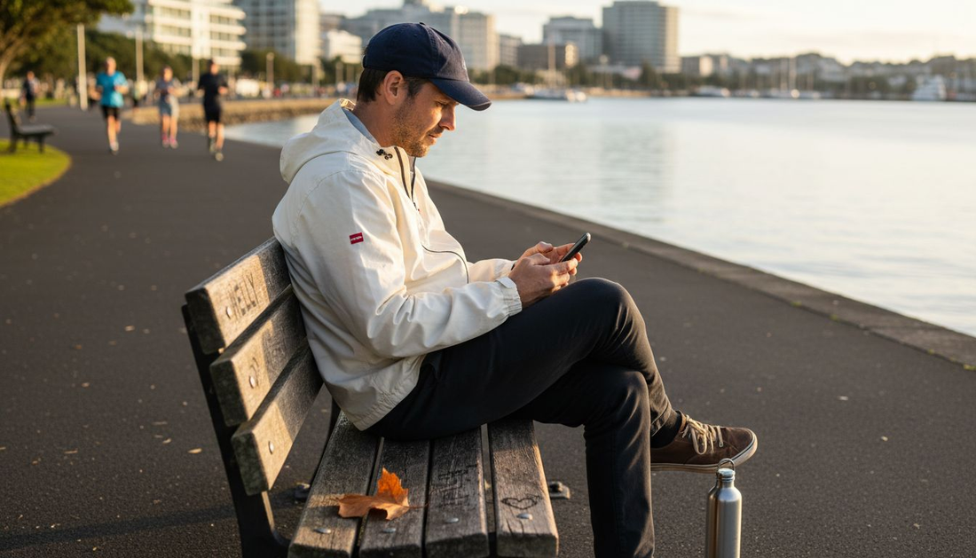 Man adjusting quality cap by Wellington harbor
