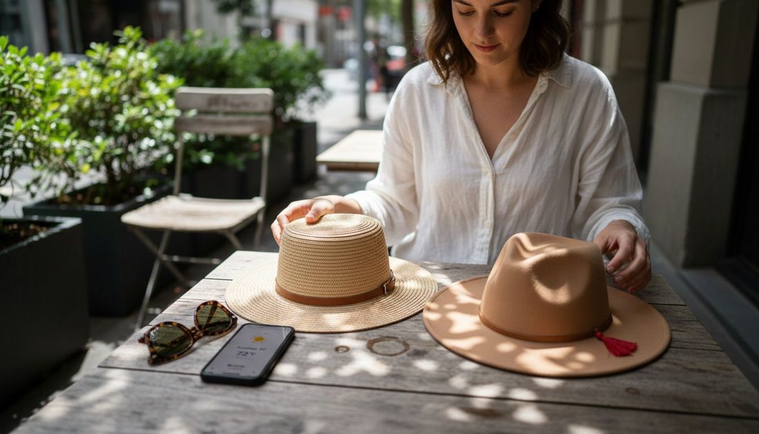 Woman choosing stylish sun-protective hats