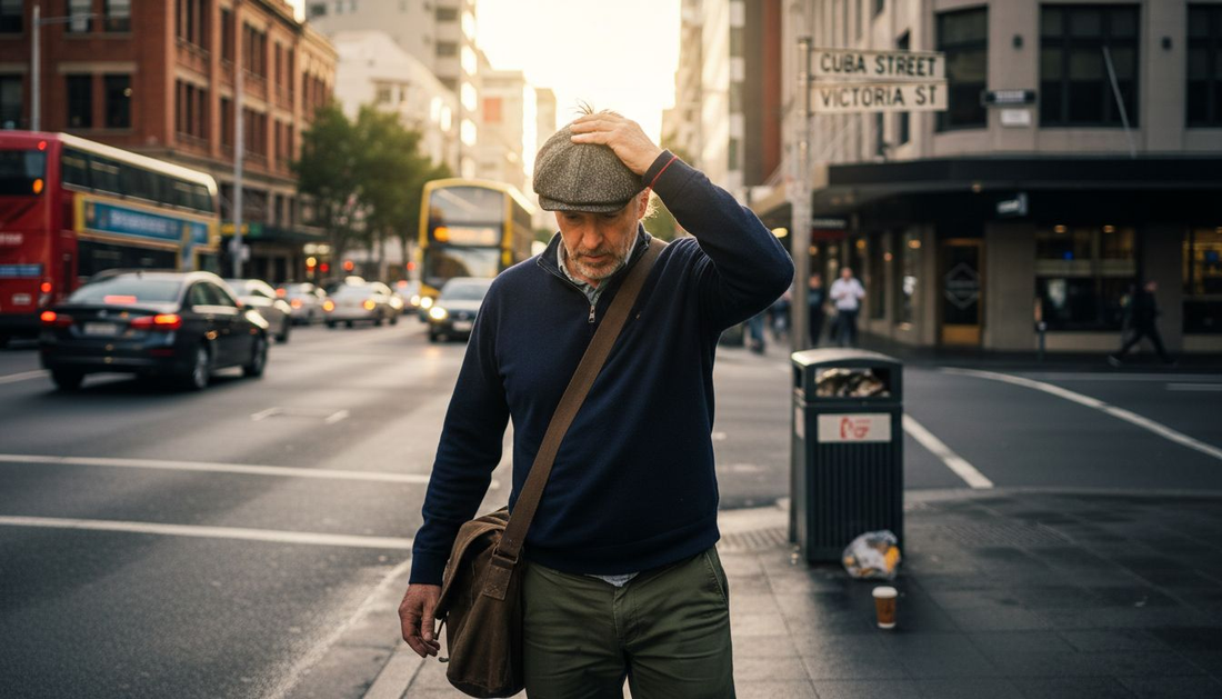 Kiwi man adjusts flat cap on city street