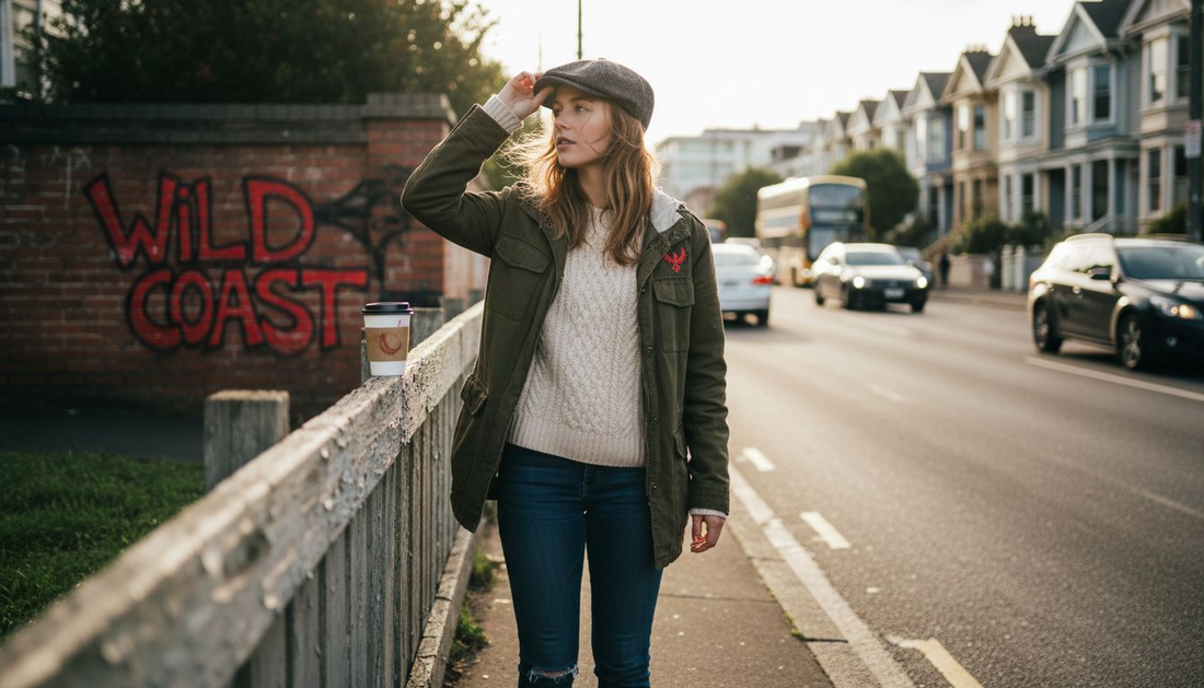 Woman styling cap in Wellington street setting