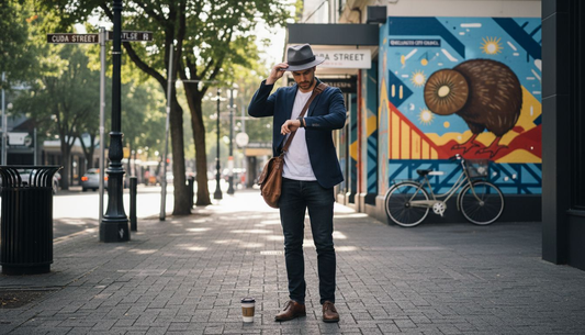 Man wearing quality wool hat on city street