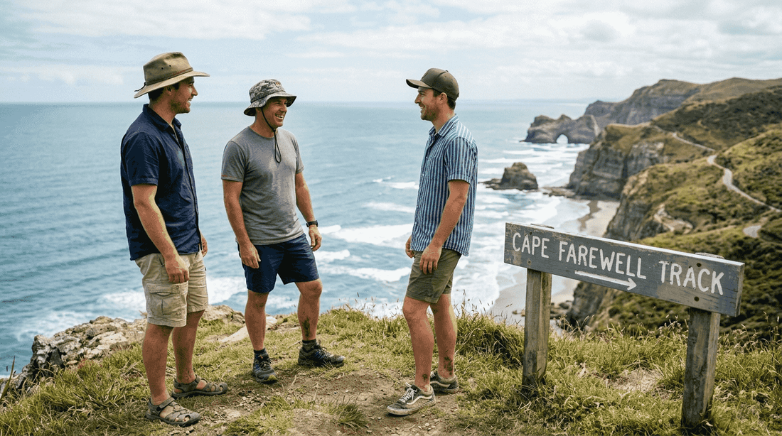 Men wearing summer hats on New Zealand coast