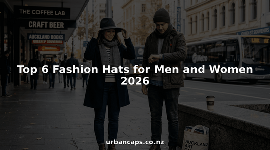 Fashionable man and woman wearing hats on city street
