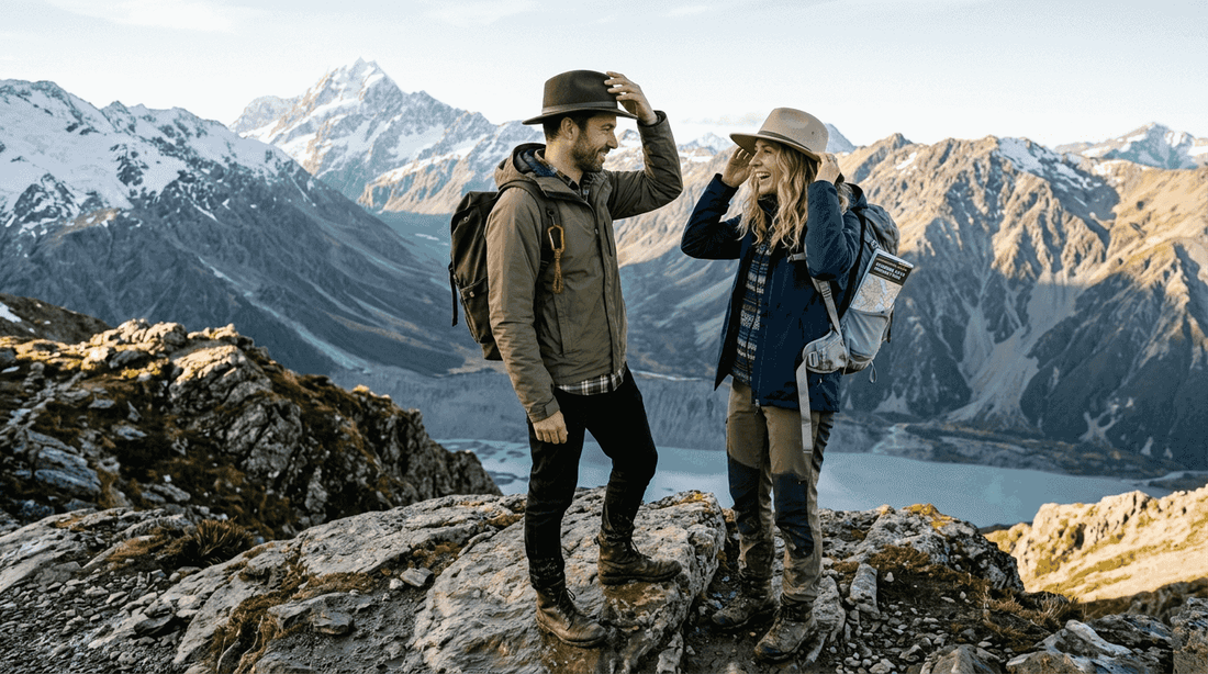 Two people wearing premium hats outdoors in NZ