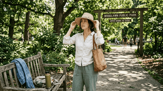 Woman adjusting sun hat in leafy park