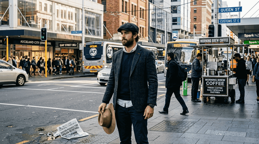 Man with flat cap and Akubra in downtown