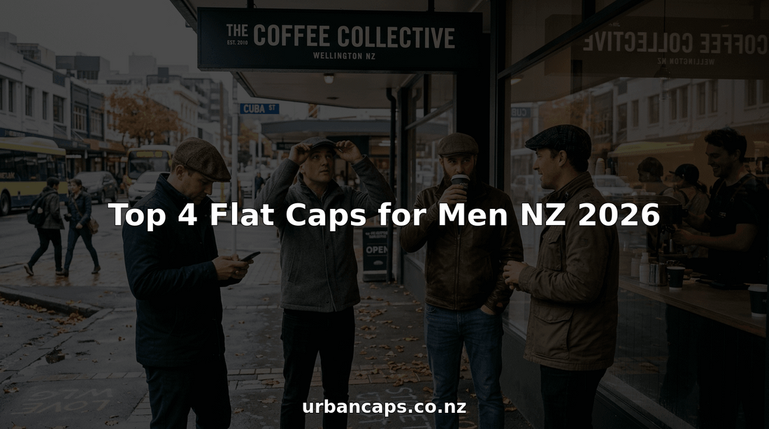Four men in flat caps outside Wellington café
