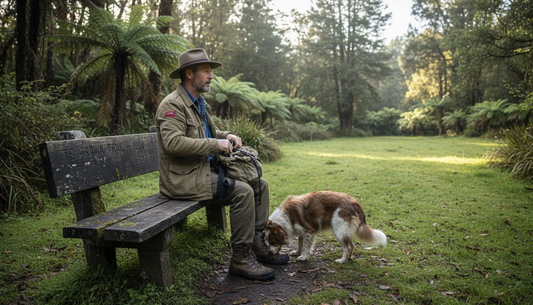 Person wearing fedora outdoors with dog and mossy bench