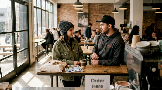 Two people in headwear at Auckland café