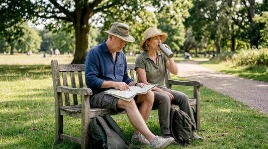 Two adults wearing sun hats in city park