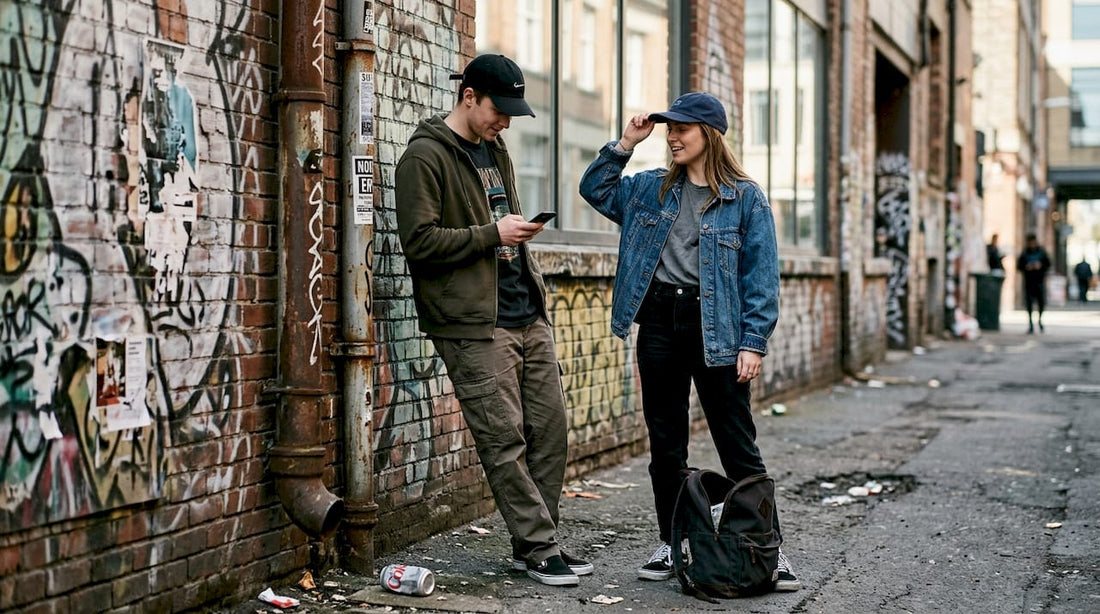 Young adults in streetwear caps in city alley