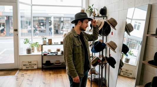 Man tries wool fedora in Wellington boutique