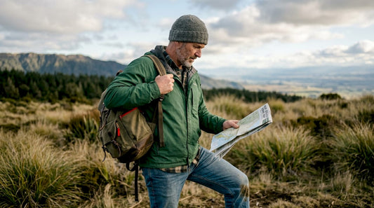 Man in durable hat reading trail map outdoors