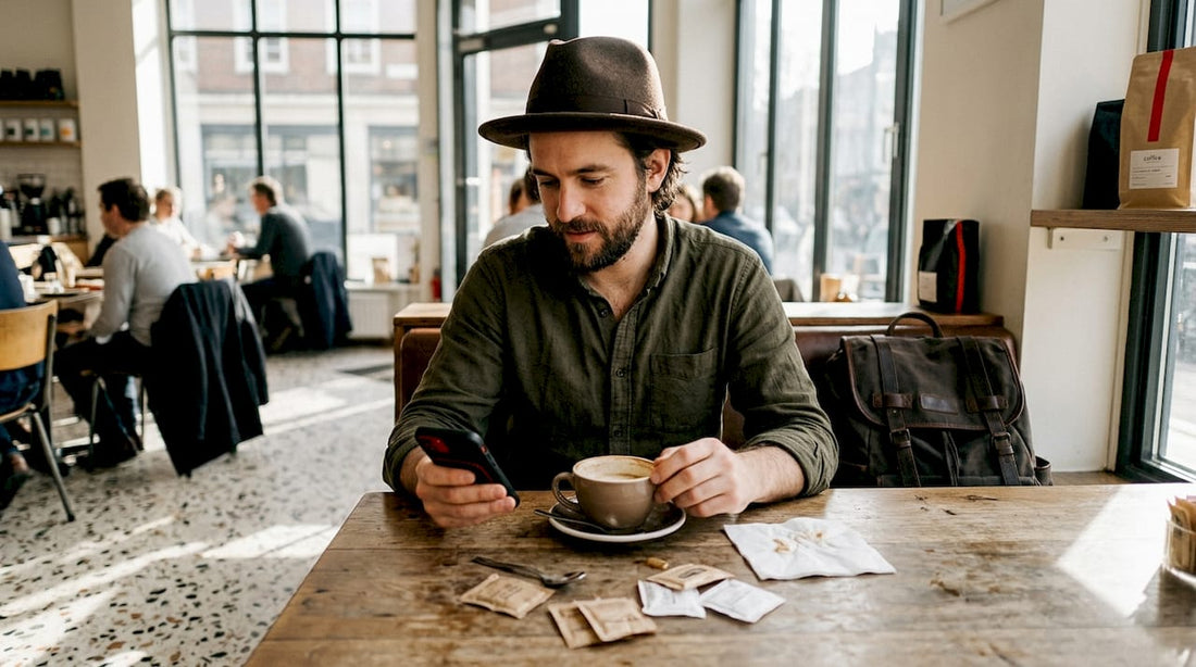 Man with premium felt hat in café setting