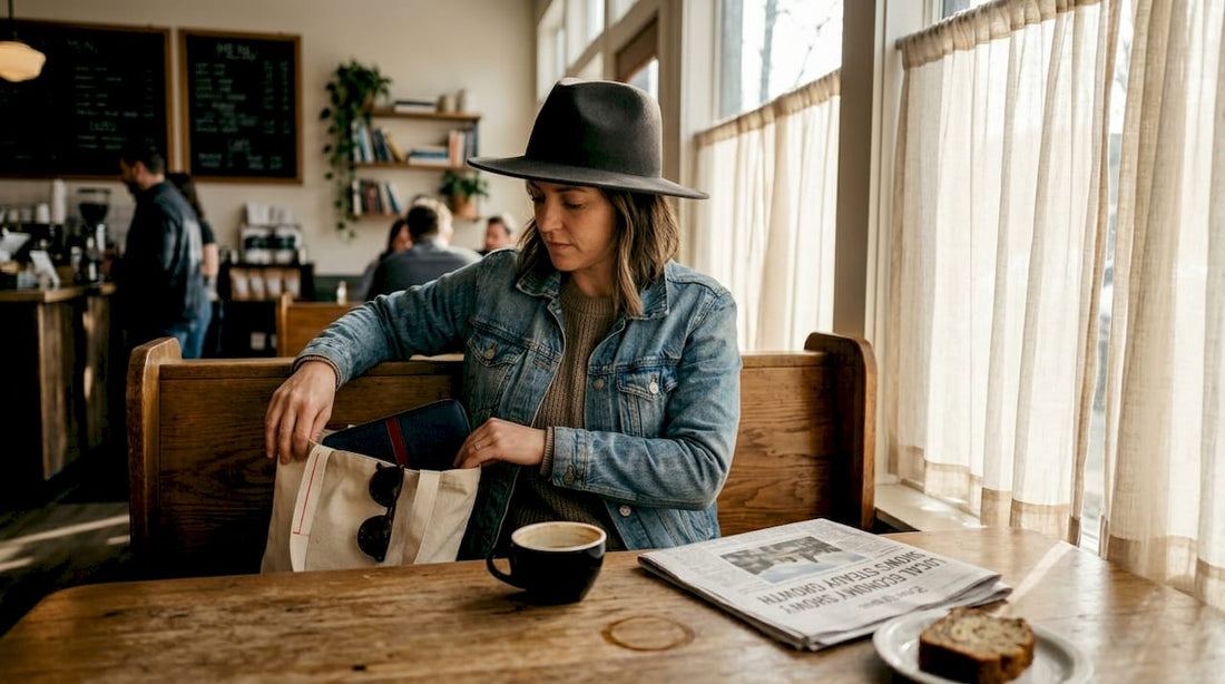 Woman in café wearing stylish hat