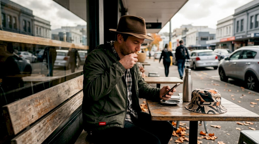 Man wears fedora, trendy hat on café table