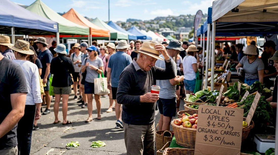 Market shoppers in Wellington wearing various hats
