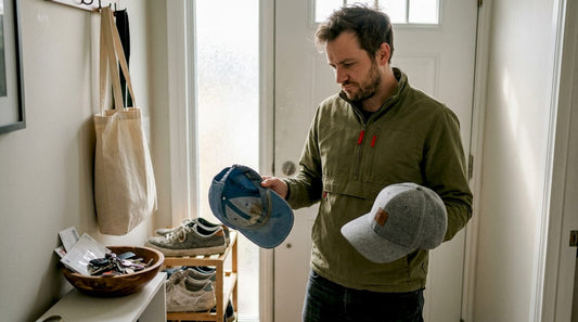 Man comparing old and new caps at home