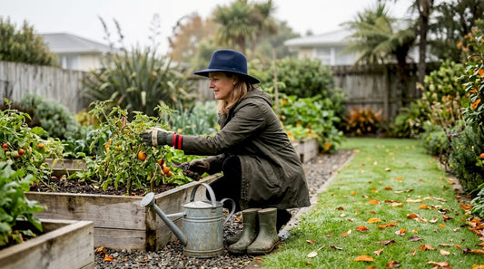 Woman wearing premium hat working in garden