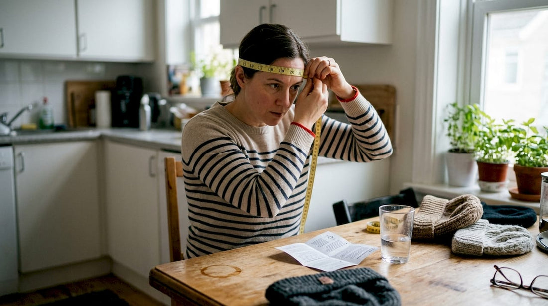 Woman measuring head for wool hat size