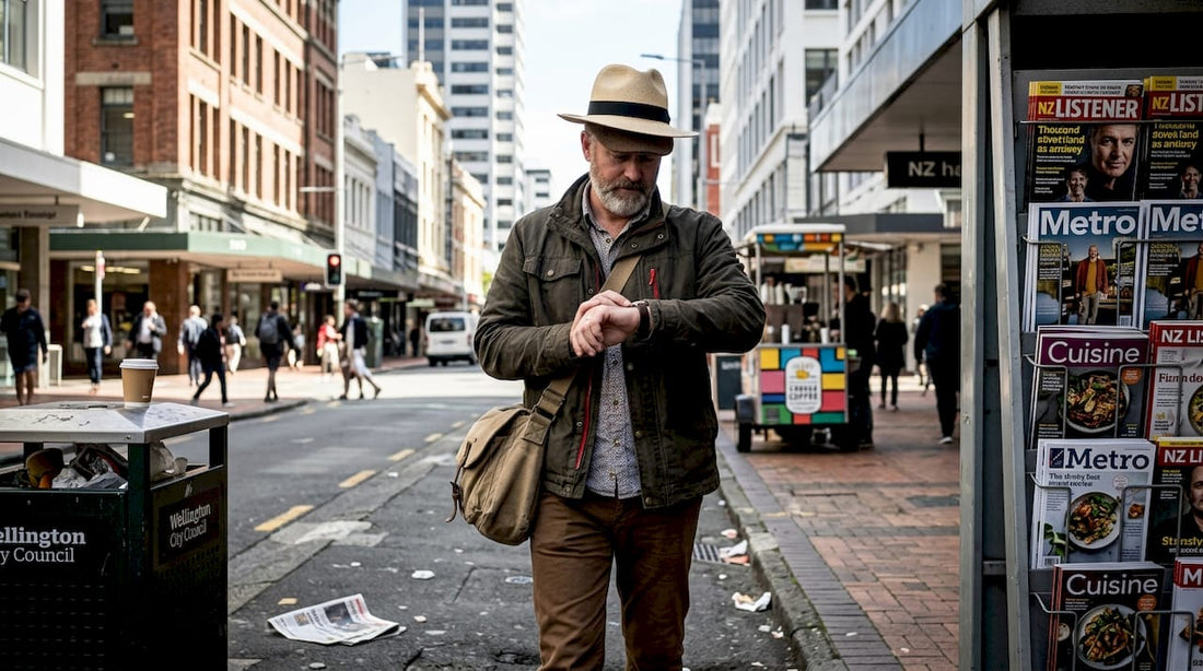 Man wearing heritage hats on Wellington street